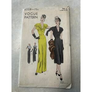 Vintage 1940's Vogue Pattern #6008 Evening Cocktail Dress Size 16